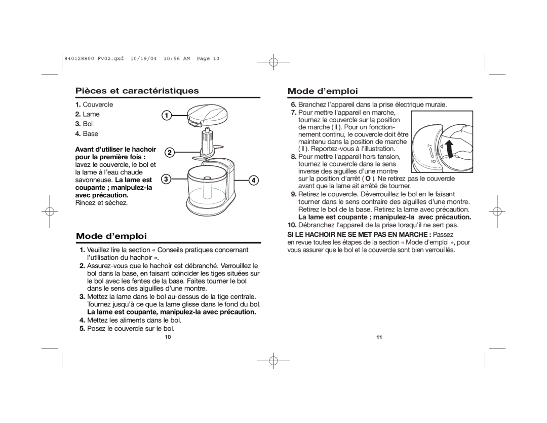 Hamilton Beach 72500R manual Pièces et caractéristiques, Mode d’emploi, Avant d’utiliser le hachoir pour la première fois 