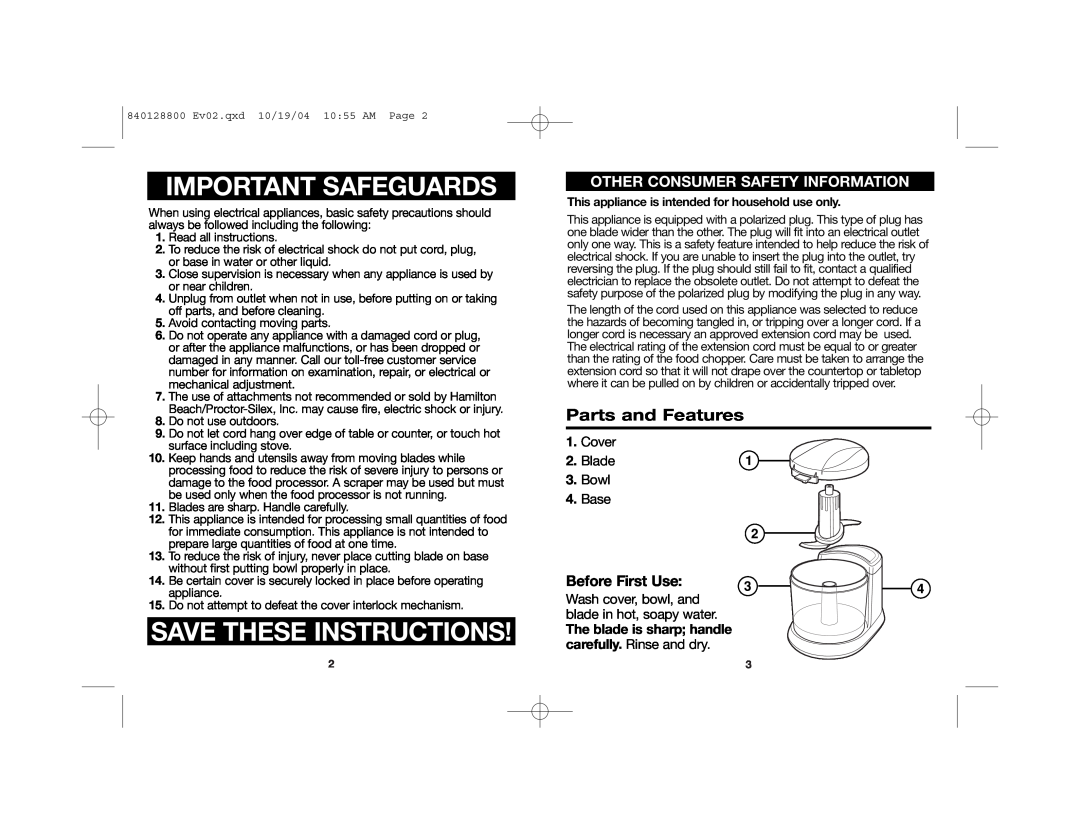 Hamilton Beach 72500R Important Safeguards, Save These Instructions, Parts and Features, Other Consumer Safety Information 