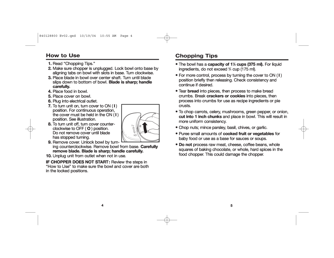 Hamilton Beach 72500R manual How to Use, Chopping Tips 