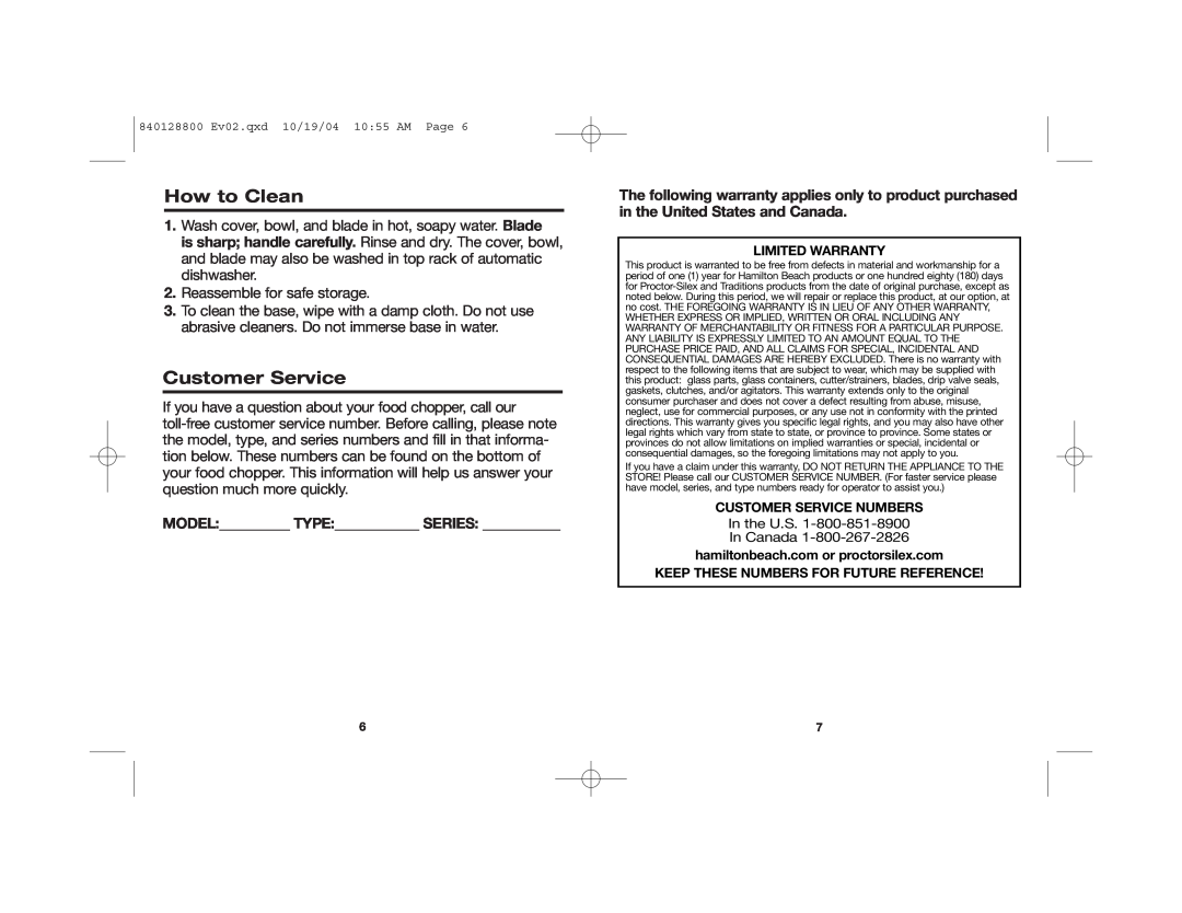 Hamilton Beach 72500R manual How to Clean, Customer Service, In the U.S. In Canada 