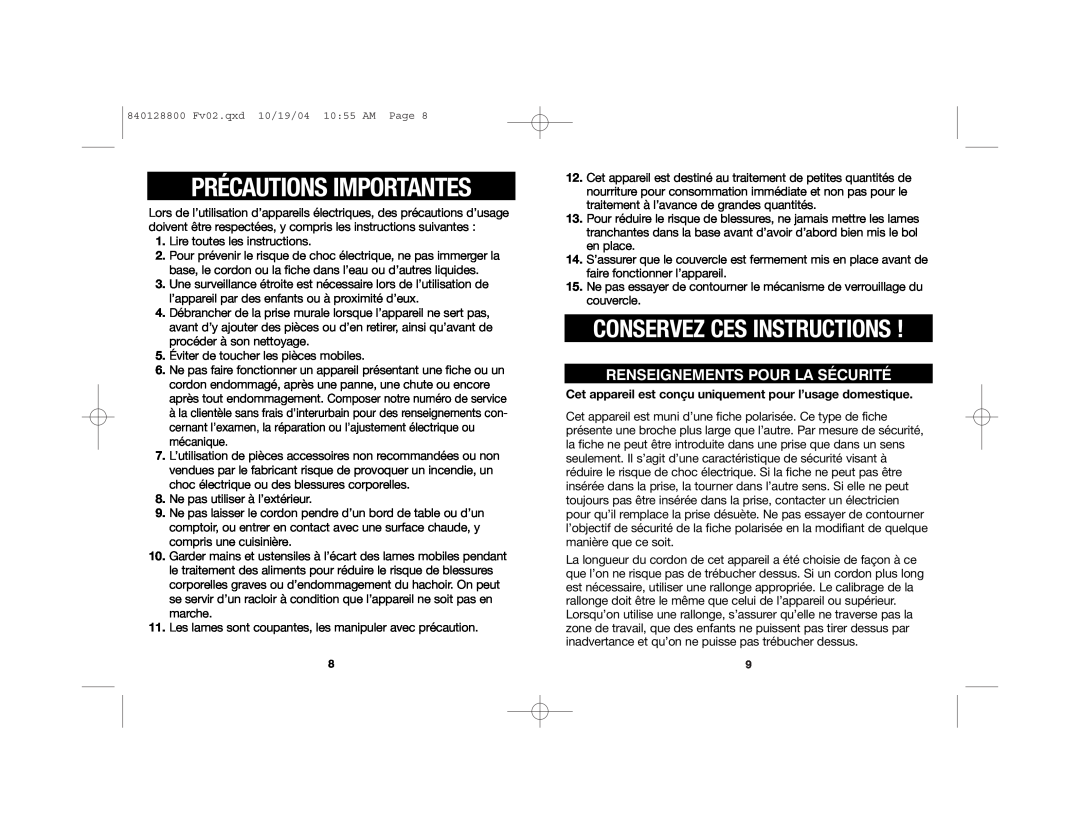 Hamilton Beach 72500R manual Renseignements Pour La Sécurité, Précautions Importantes, Conservez Ces Instructions 