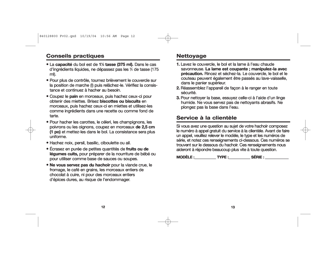 Hamilton Beach 72500R manual Conseils practiques, Nettoyage, Service à la clientèle 