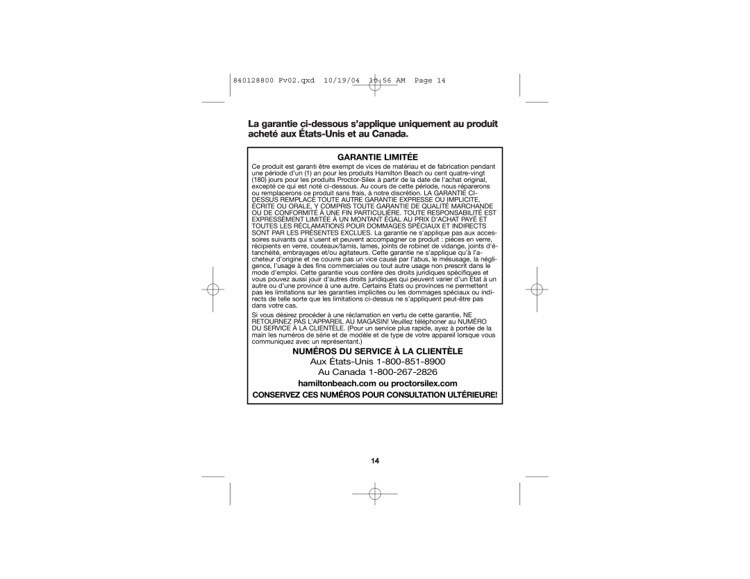 Hamilton Beach 72500R manual Aux États-Unis Au Canada, Garantie Limitée, Numéros Du Service À La Clientèle 
