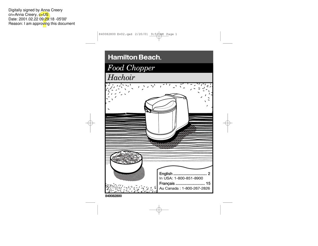 Hamilton Beach 72600 manual Food Chopper 