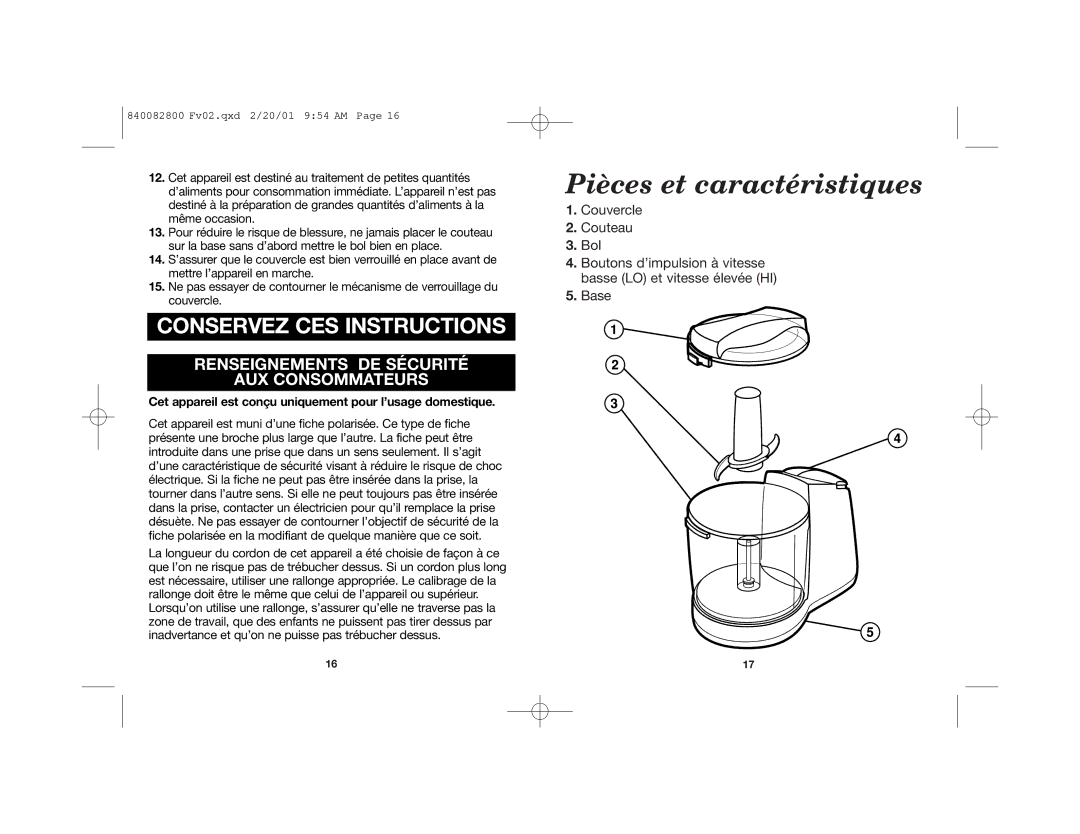 Hamilton Beach 72600 manual Pièces et caractéristiques, Conservez CES Instructions 