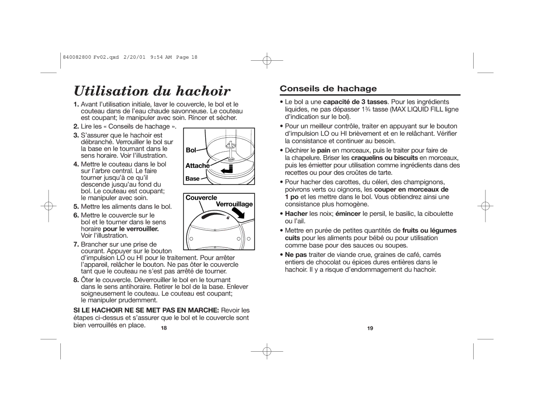 Hamilton Beach 72600 manual Utilisation du hachoir, Conseils de hachage 