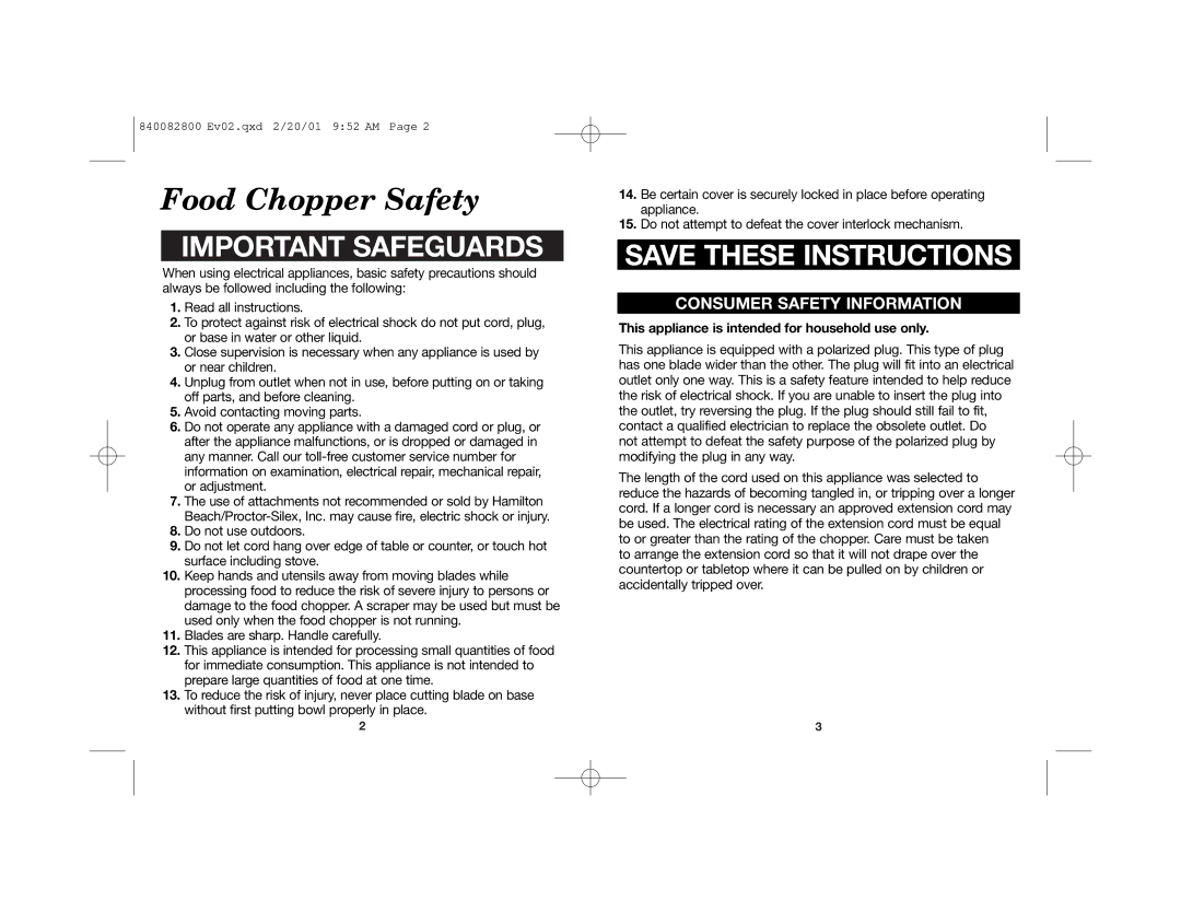 Hamilton Beach 72600 manual Food Chopper Safety, Important Safeguards 