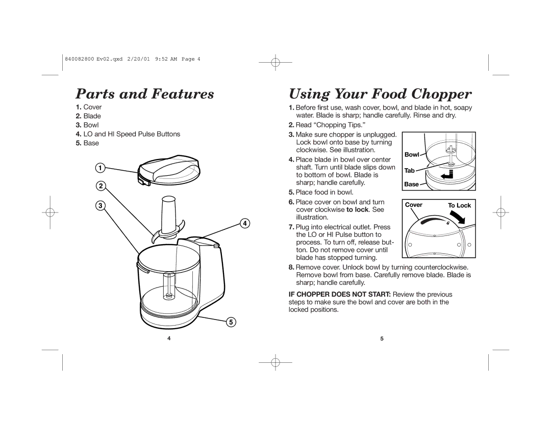 Hamilton Beach 72600 manual Parts and Features, Using Your Food Chopper 