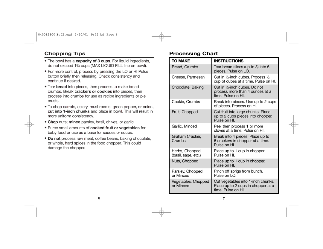 Hamilton Beach 72600 manual Chopping Tips Processing Chart, To Make 