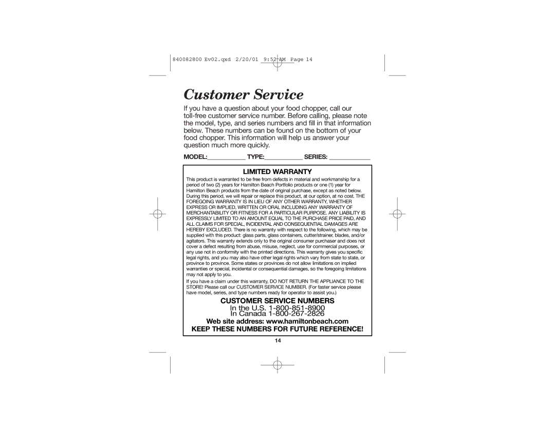 Hamilton Beach 72600 manual Customer Service 