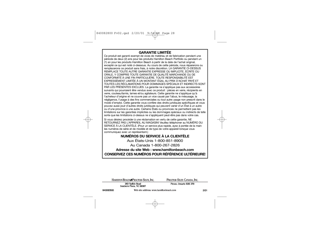 Hamilton Beach 72600 manual Aux États-Unis Au Canada, Garantie Limitée, Numéros Du Service À La Clientèle 