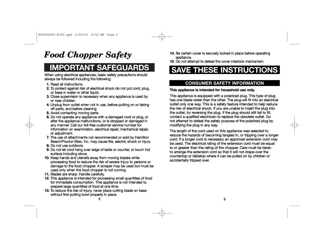 Hamilton Beach 72600 manual Food Chopper Safety, Important Safeguards, Save These Instructions, Consumer Safety Information 