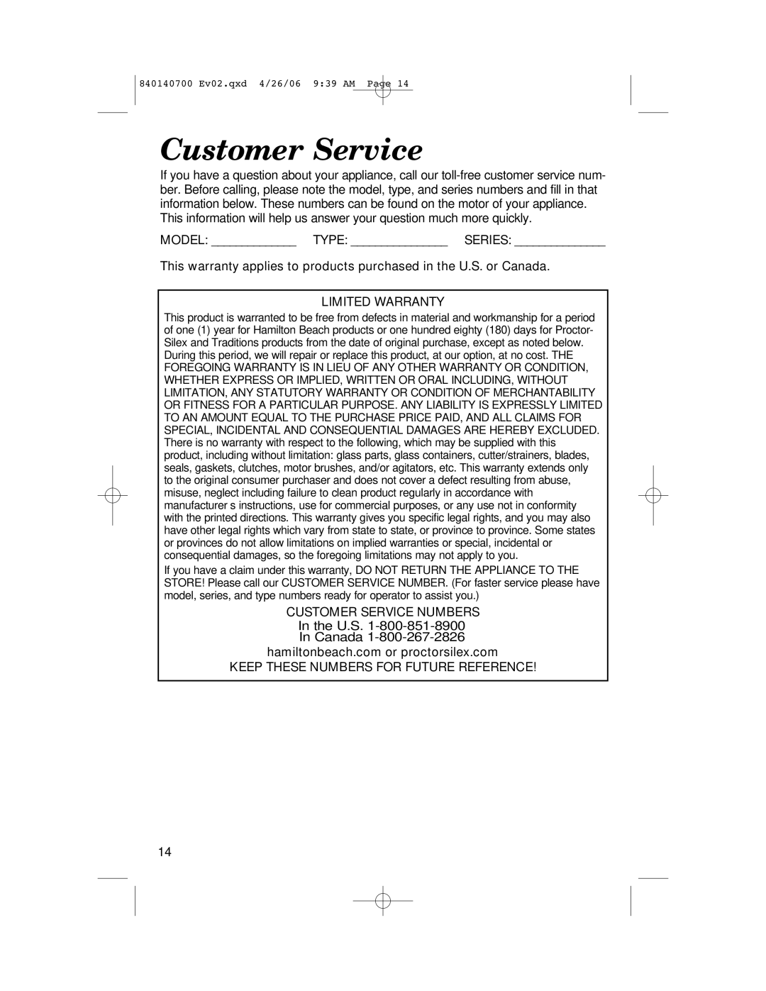 Hamilton Beach 72850 manual Customer Service, Limited Warranty 