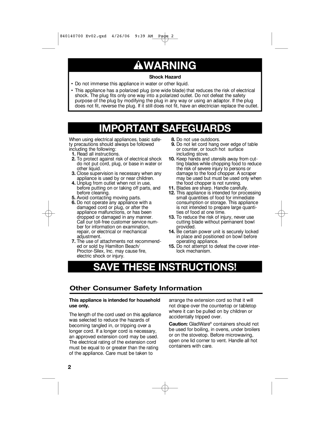 Hamilton Beach 72850 manual Wwarning, Other Consumer Safety Information 