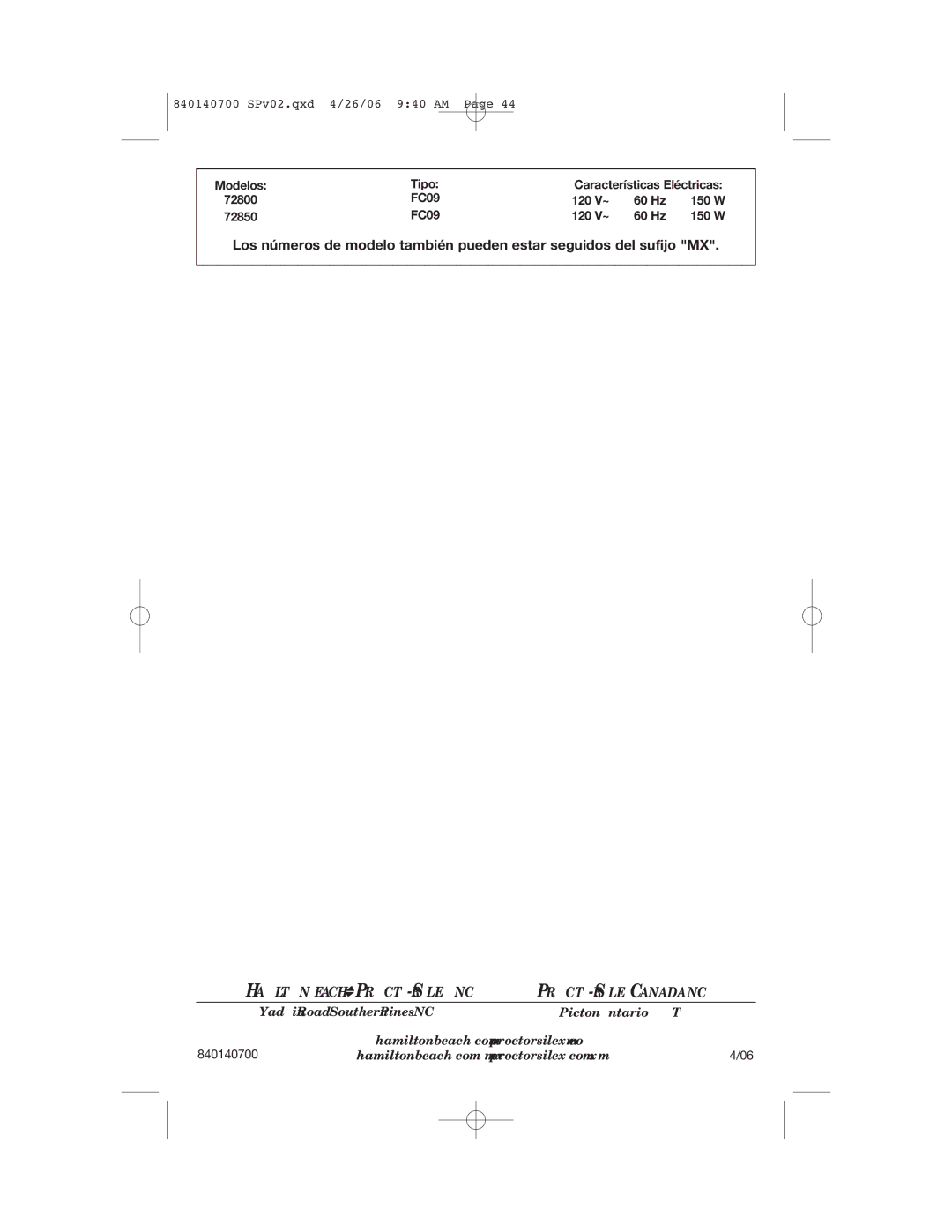 Hamilton Beach 72850 manual Hamilton Beach PROCTOR-SILEX,INC 