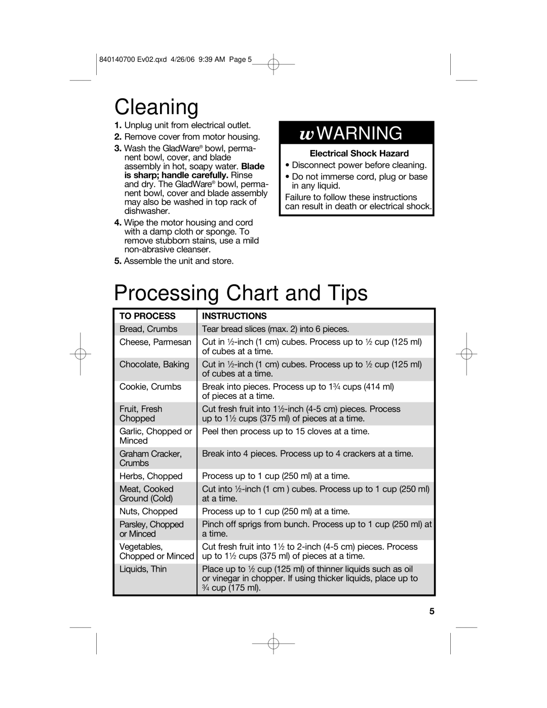 Hamilton Beach 72850 manual Cleaning, Processing Chart and Tips 