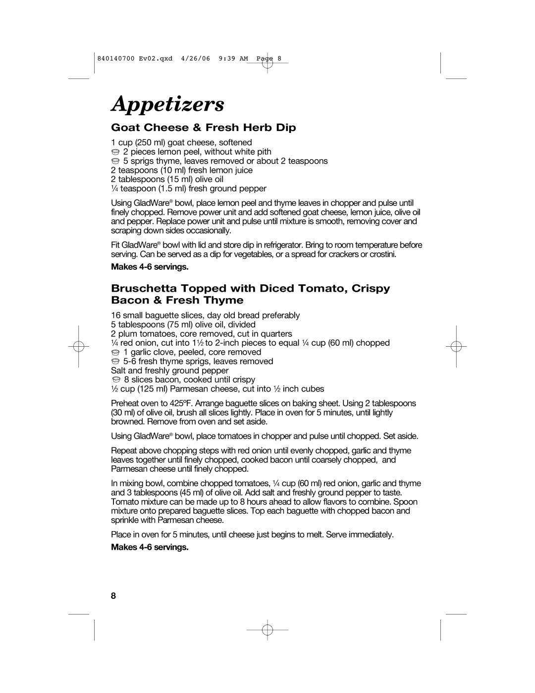 Hamilton Beach 72850 manual Appetizers, Goat Cheese & Fresh Herb Dip 