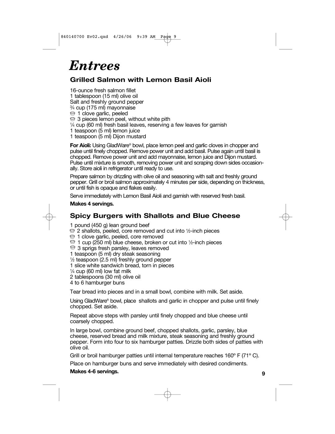 Hamilton Beach 72850 manual Entrees, Grilled Salmon with Lemon Basil Aioli, Spicy Burgers with Shallots and Blue Cheese 