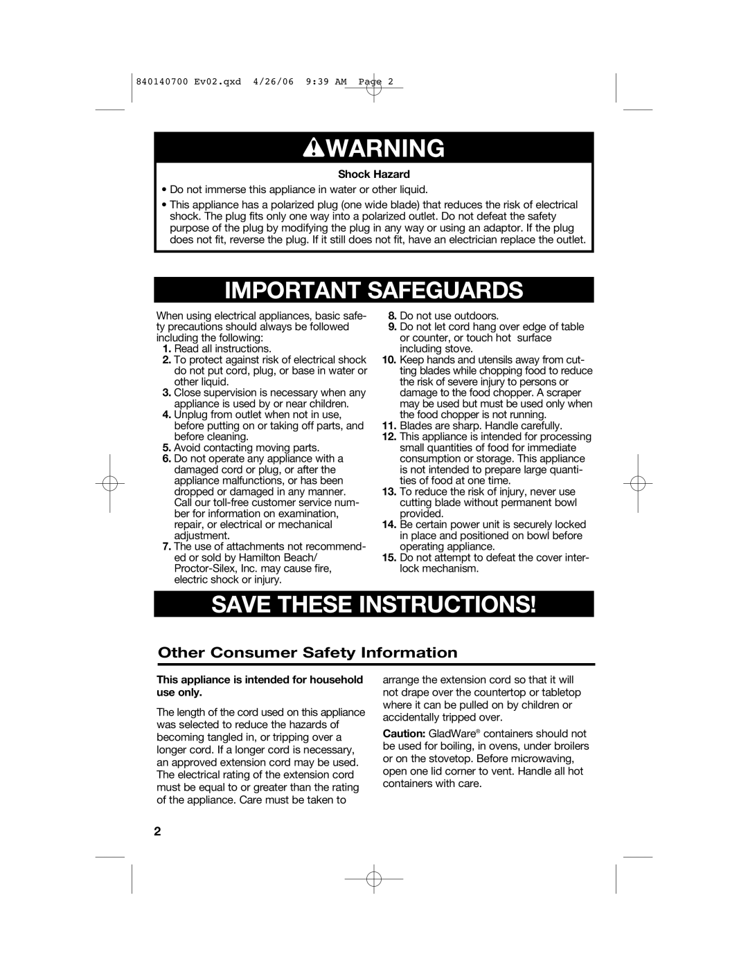 Hamilton Beach 72850 manual wWARNING, Important Safeguards, Save These Instructions, Other Consumer Safety Information 
