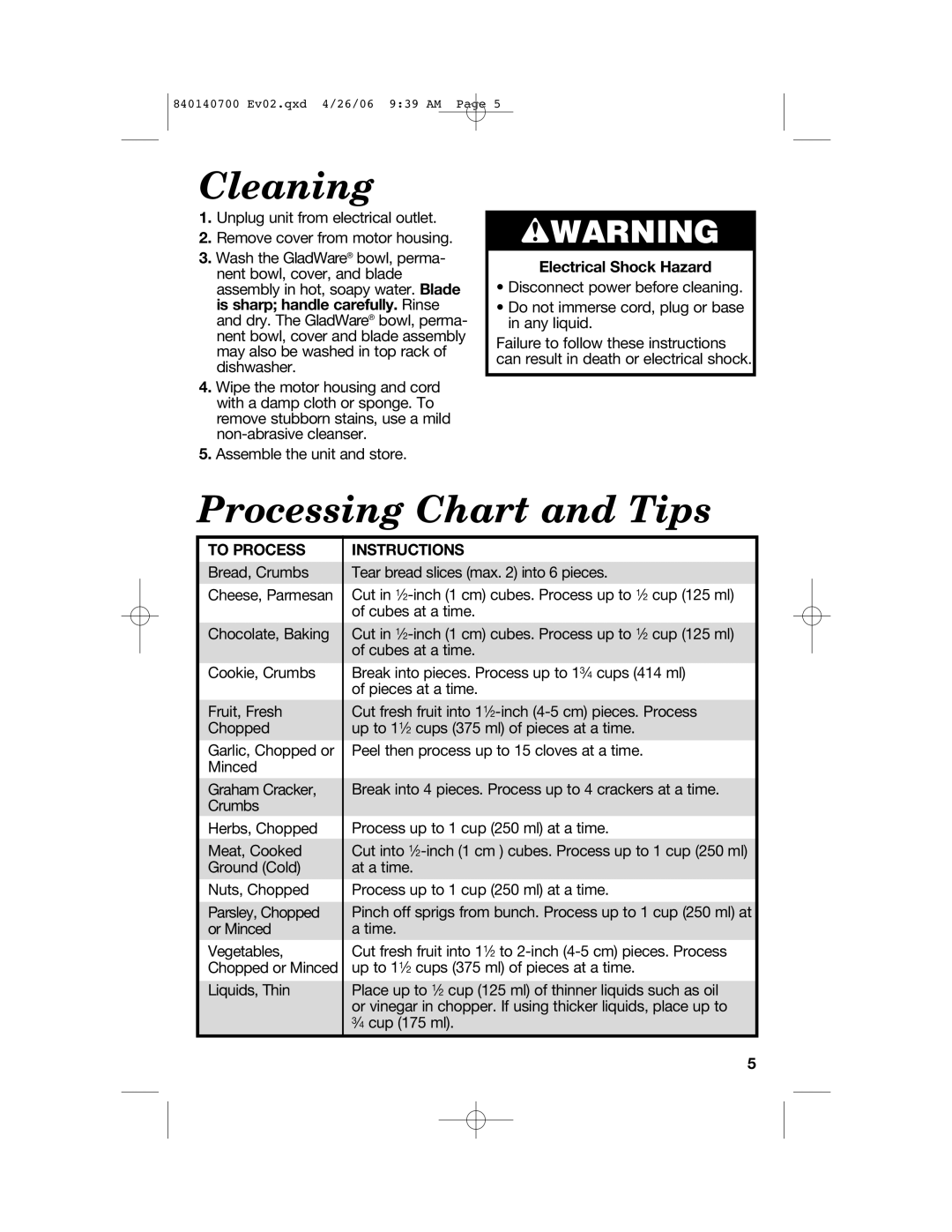 Hamilton Beach 72850 Cleaning, Processing Chart and Tips, Electrical Shock Hazard, To Process, Instructions, wWARNING 