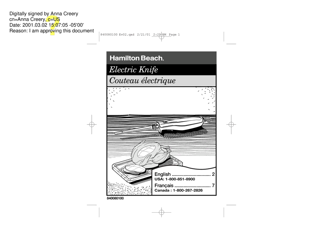 Hamilton Beach 74250 manual Couteau électrique 