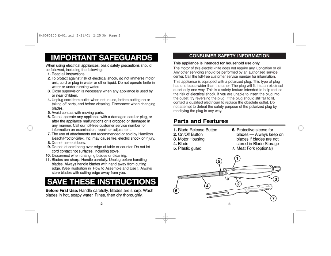 Hamilton Beach 74250 Parts and Features, Consumer Safety Information, This appliance is intended for household use only 