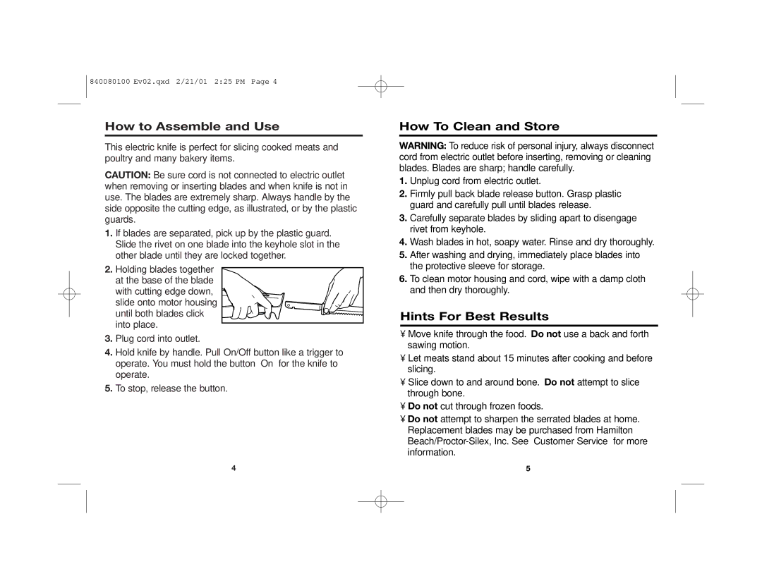 Hamilton Beach 74250 manual How to Assemble and Use, How To Clean and Store, Hints For Best Results 