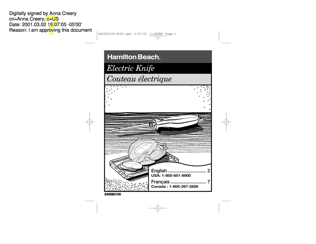 Hamilton Beach 74250 manual Usa, Canada, Electric Knife, Couteau électrique, Date 2001.03.02, English, Français, 840080100 