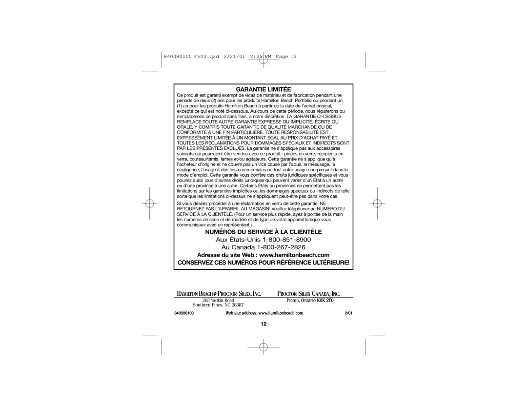 Hamilton Beach 74250 manual Aux États-Unis Au Canada, Garantie Limitée, Numéros Du Service À La Clientèle 