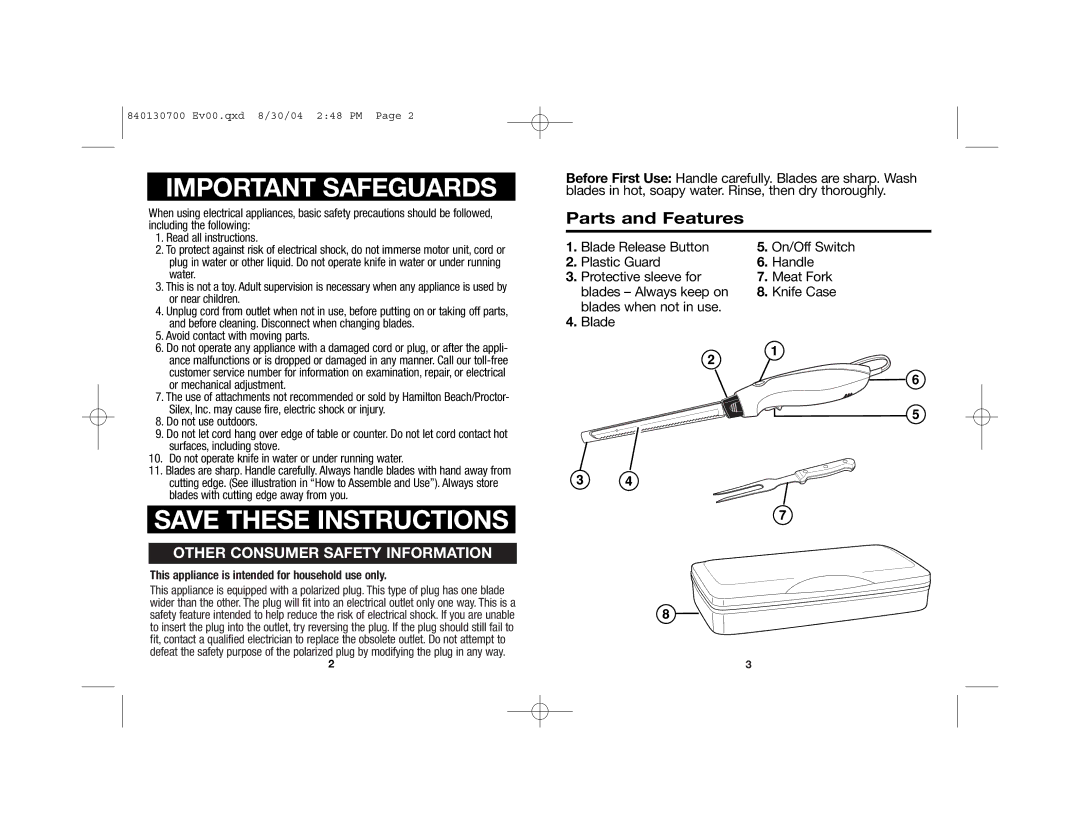 Hamilton Beach 74275 manual Parts and Features, This appliance is intended for household use only 