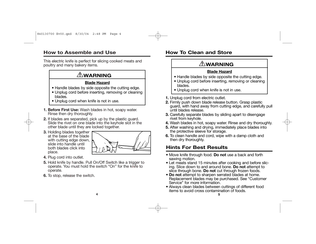 Hamilton Beach 74275 manual How to Assemble and Use, How To Clean and Store, Hints For Best Results 