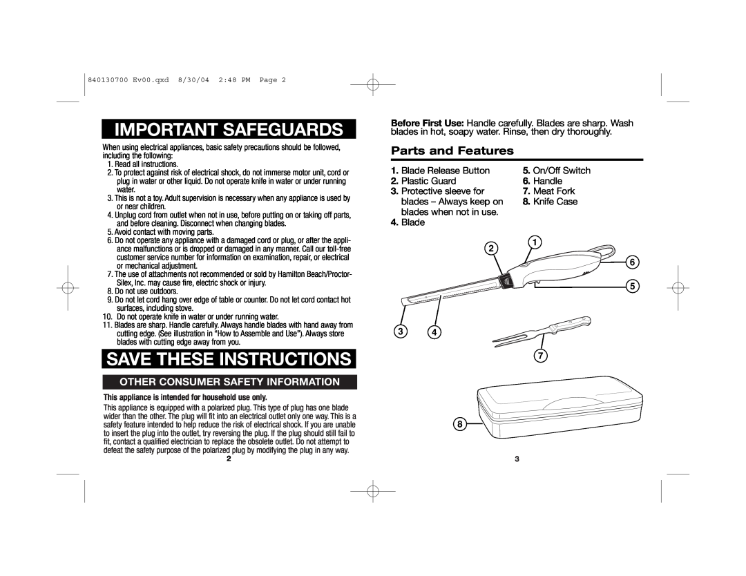 Hamilton Beach 74275 Important Safeguards, Save These Instructions, Parts and Features, Other Consumer Safety Information 