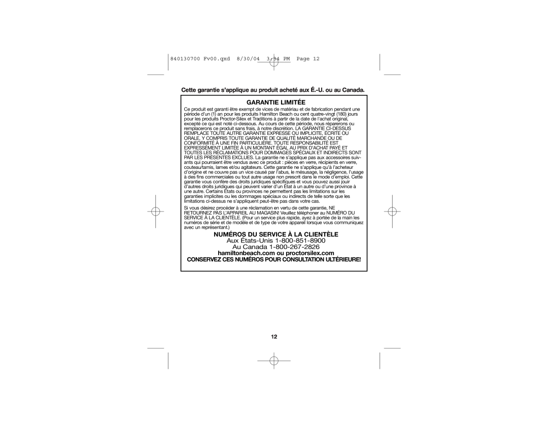 Hamilton Beach 74275 manual Aux États-Unis Au Canada, Garantie Limitée, Numéros Du Service À La Clientèle 