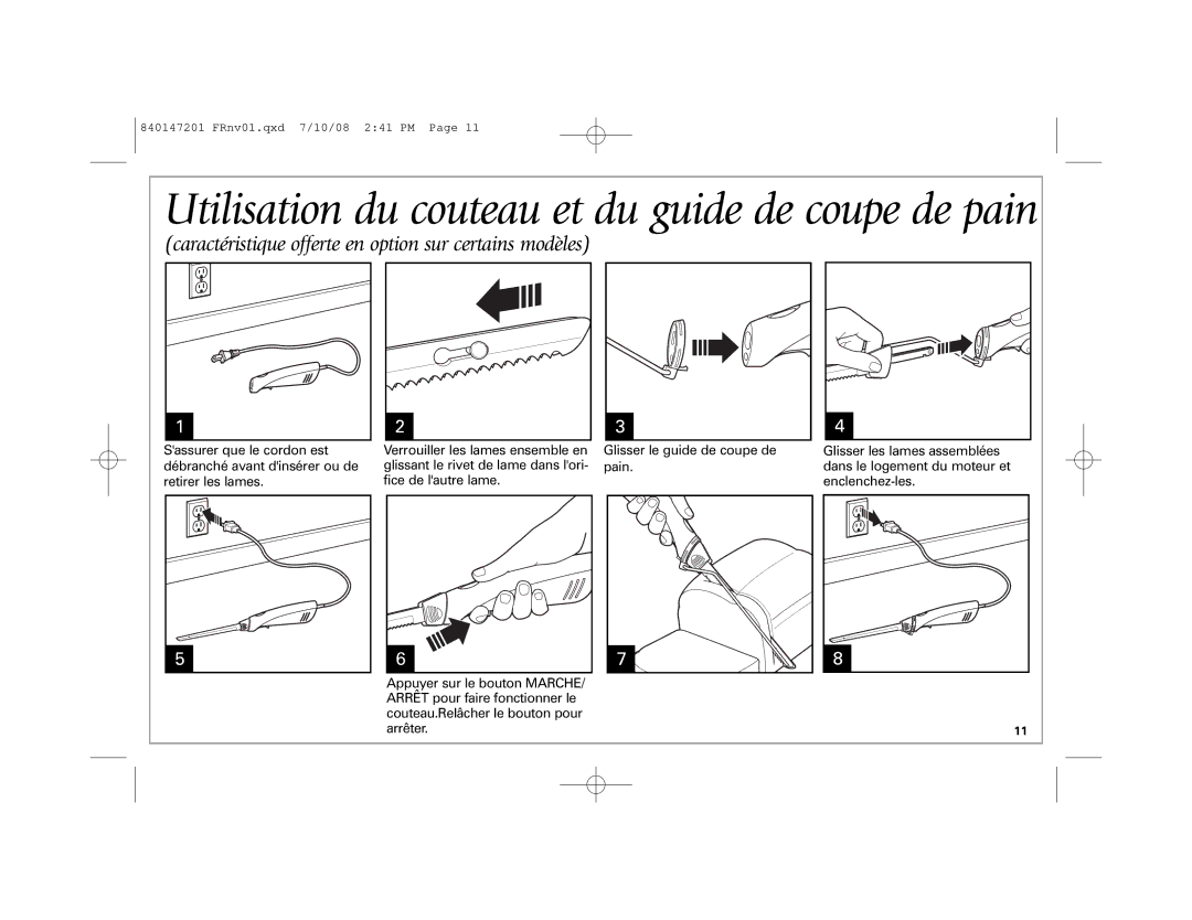 Hamilton Beach 74375R, 74375H, 74377 manual Utilisation du couteau et du guide de coupe de pain 