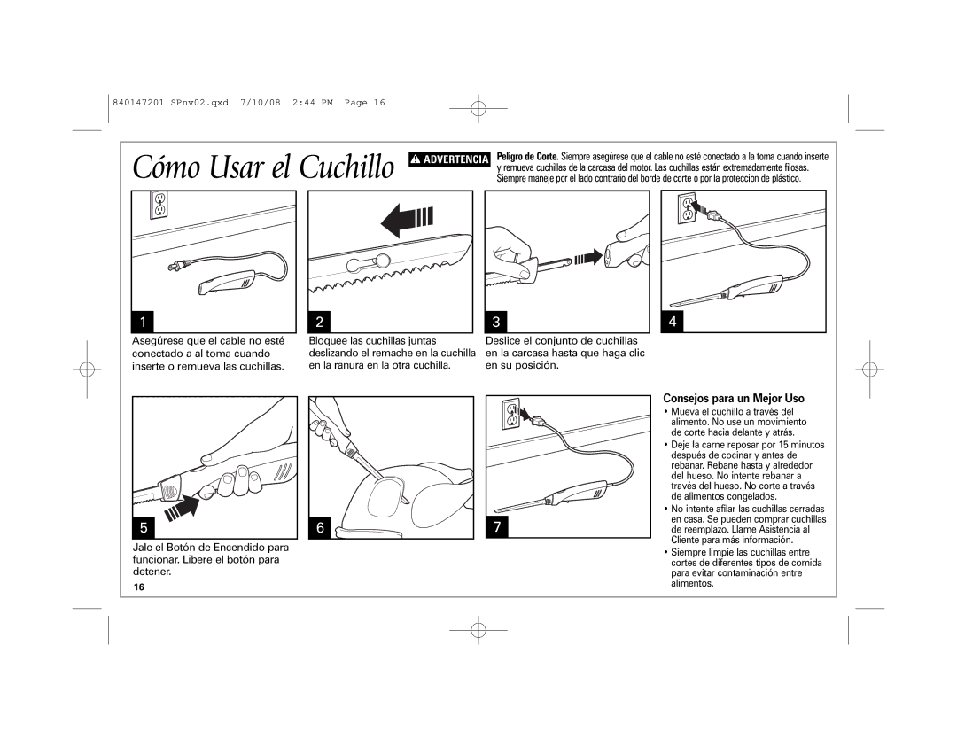 Hamilton Beach 74375H, 74377, 74375R manual Cómo Usar el Cuchillo, Consejos para un Mejor Uso 