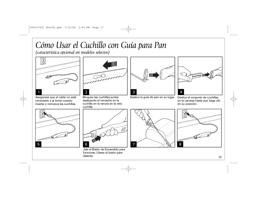 Hamilton Beach 74377, 74375H, 74375R manual Cómo Usar el Cuchillo con Guía para Pan 