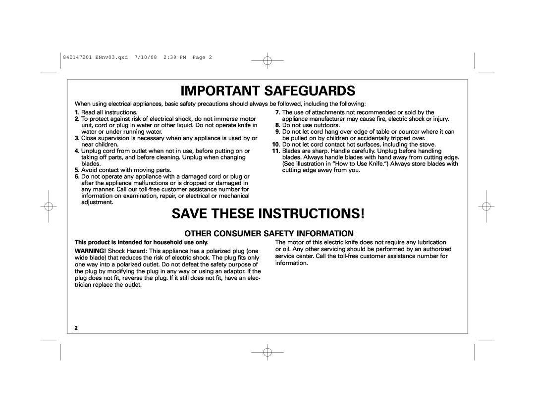 Hamilton Beach 74375H, 74377, 74375R Important Safeguards, Save These Instructions, Other Consumer Safety Information 