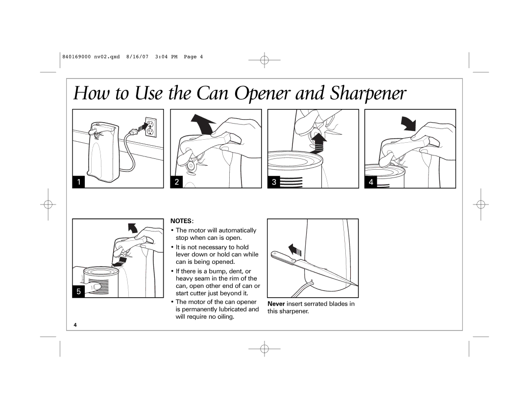 Hamilton Beach 76370, 76378, 76371B manual How to Use the Can Opener and Sharpener 