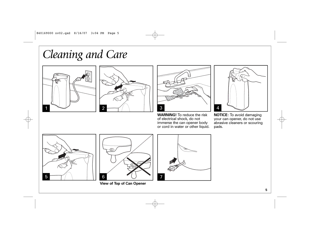 Hamilton Beach 76371B, 76378, 76370 manual Cleaning and Care, View of Top of Can Opener 