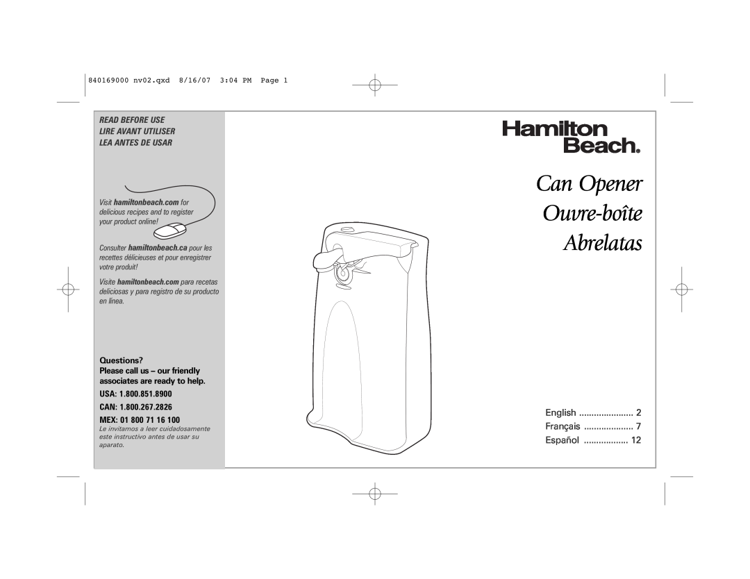 Hamilton Beach 76370, 76378 manual Can Opener Ouvre-boîte Abrelatas, Read Before Use Lire Avant Utiliser Lea Antes De Usar 
