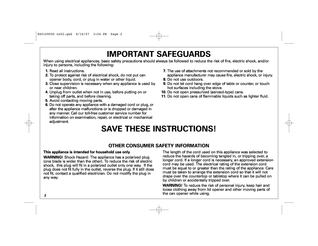 Hamilton Beach 76371B, 76378, 76370 manual Important Safeguards, Save These Instructions, Other Consumer Safety Information 
