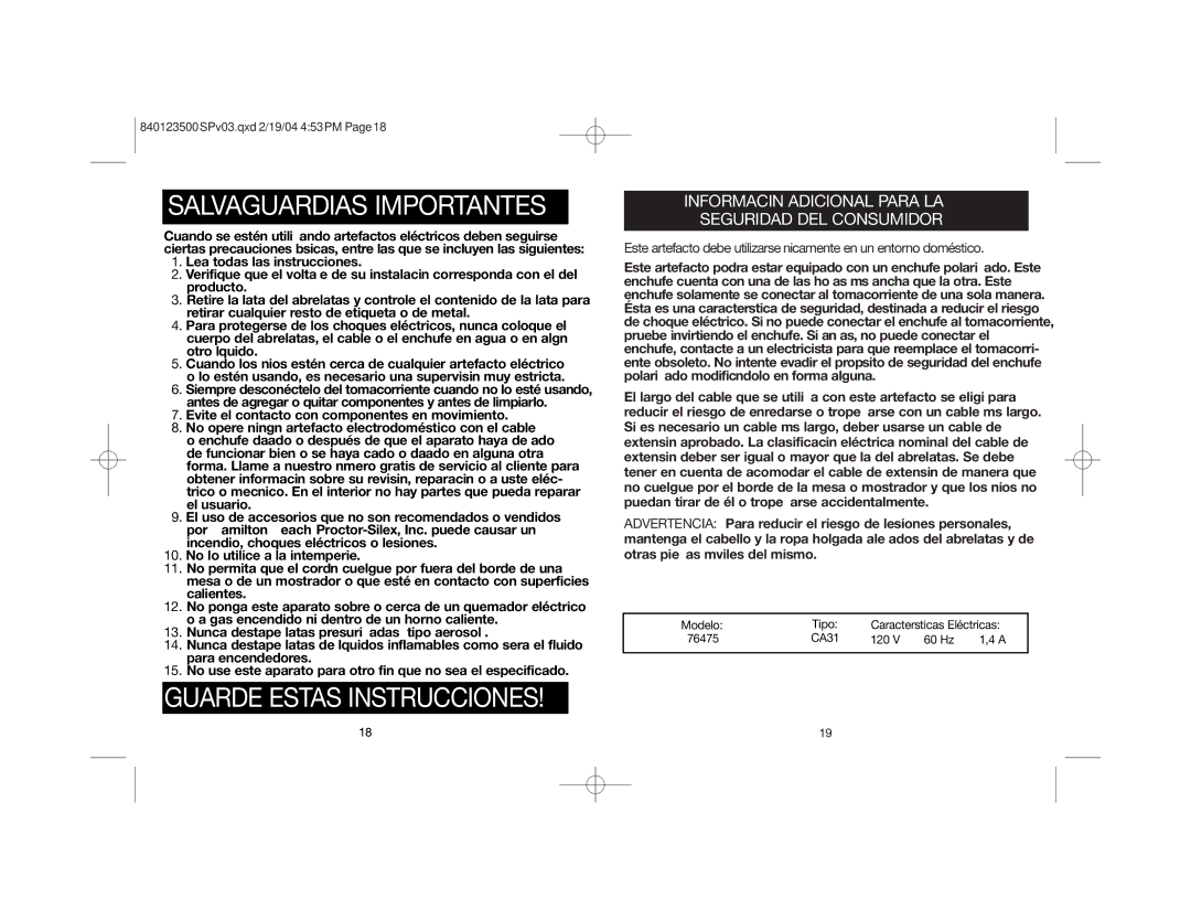 Hamilton Beach 76475 manual Salvaguardias Importantes, Información Adicional Para LA Seguridad DEL Consumidor 