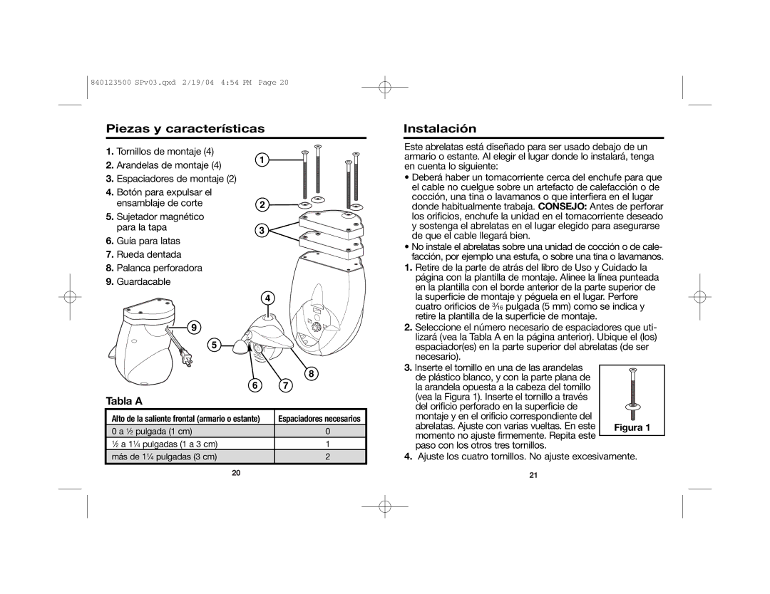Hamilton Beach 76475 manual Piezas y características, Instalación, Tabla a 