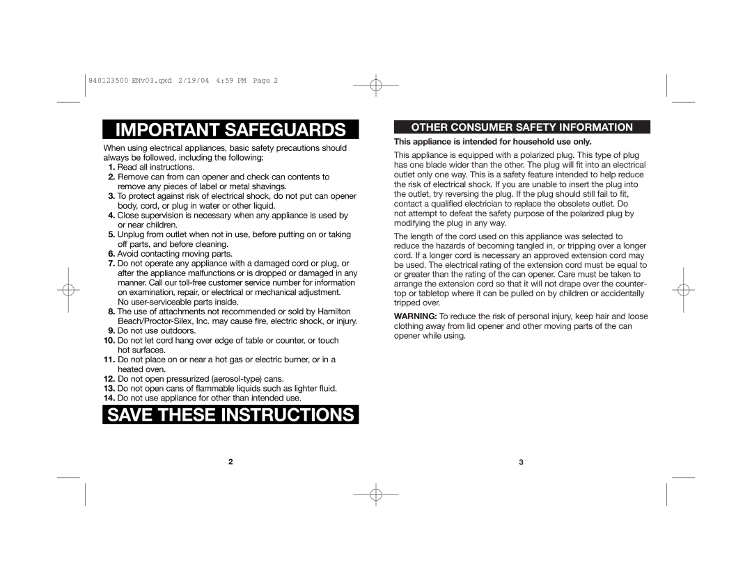 Hamilton Beach 76475 manual Other Consumer Safety Information, This appliance is intended for household use only 