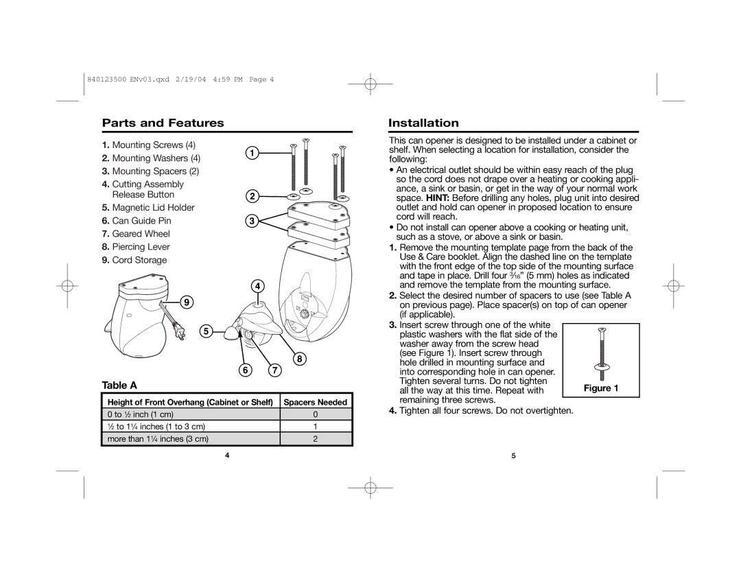 Hamilton Beach 76475 Parts and Features, Installation, Table a, Height of Front Overhang Cabinet or Shelf Spacers Needed 