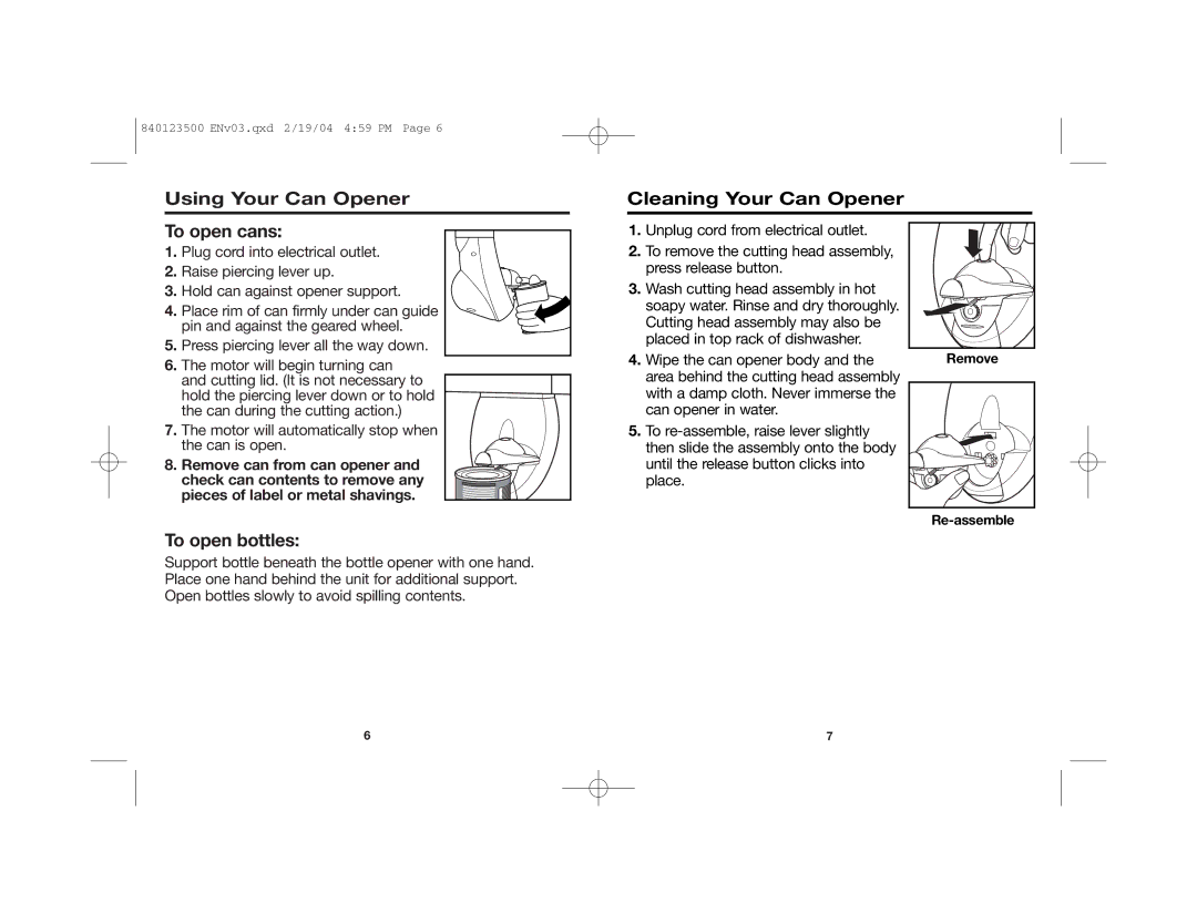 Hamilton Beach 76475 Using Your Can Opener Cleaning Your Can Opener, To open cans, To open bottles, Remove, Re-assemble 