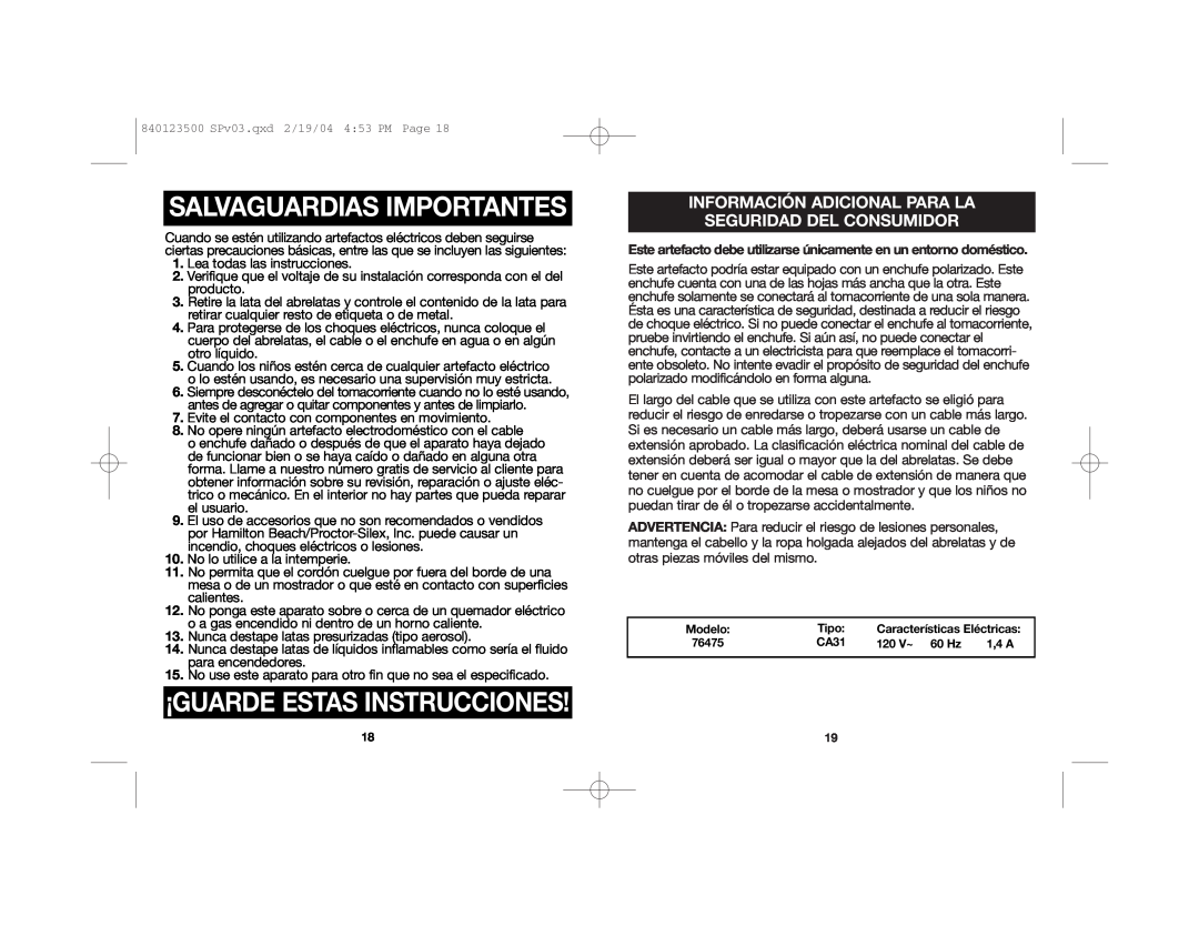 Hamilton Beach 76475 manual Salvaguardias Importantes, Información Adicional Para La, Seguridad Del Consumidor 