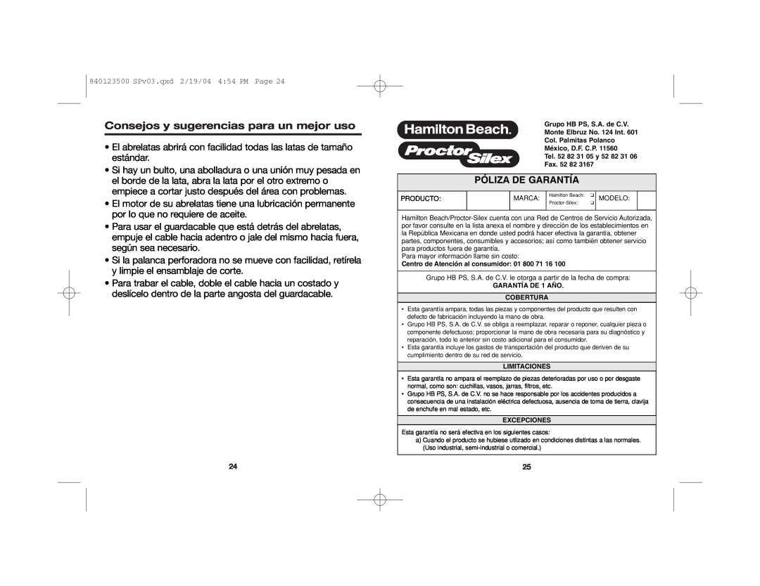 Hamilton Beach 76475 manual Póliza De Garantía, Consejos y sugerencias para un mejor uso 
