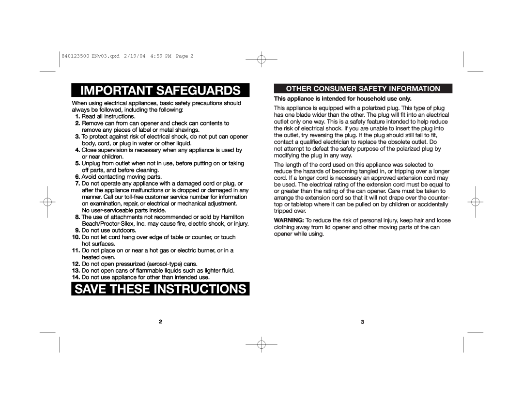 Hamilton Beach 76475 manual Other Consumer Safety Information, Important Safeguards, Save These Instructions 