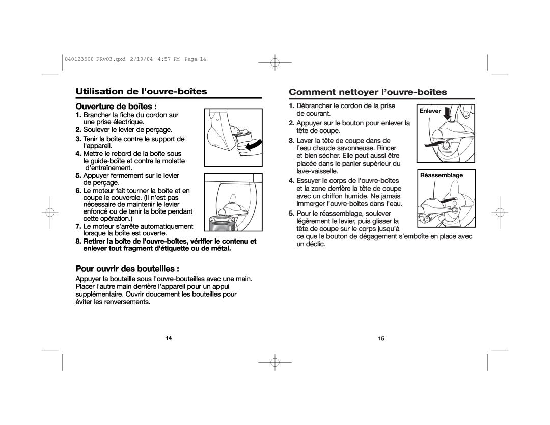 Hamilton Beach 76475 manual Utilisation de louvre-boîtes, Comment nettoyer l’ouvre-boîtes, Ouverture de boîtes 